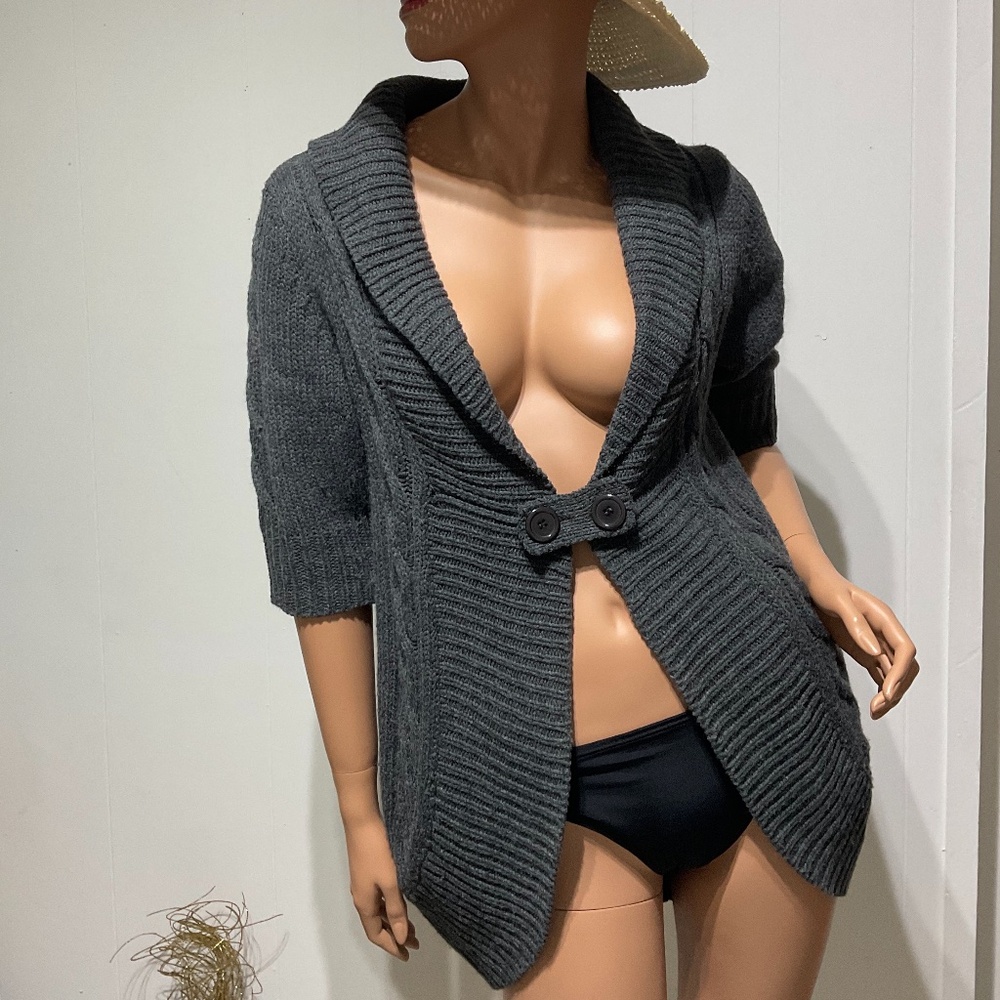 New Directions Women Size L black, Gray Open Knit Cardigan 3/4 Sleeves
